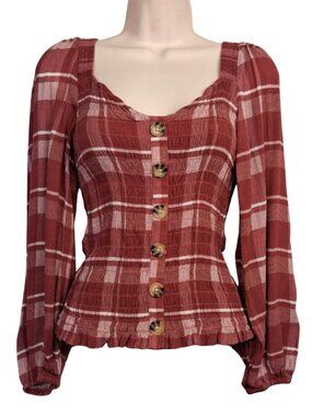 FRESHMAN Plaid Top Long Bubble Sleeve Smocked Button Burgundy Print M